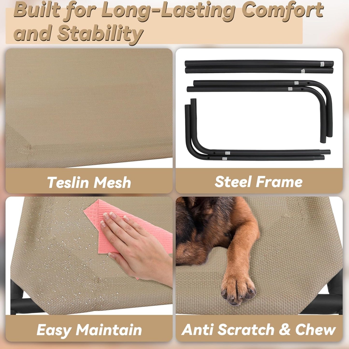 PHYEX Elevated Dog Bed for Medium Dogs, Raised Dog Bed with Breathable Mesh, Dog Cot Bed with Sturdy Steel Frame for Indoor & Outdoor Use, Non Slip, Easy to Clean, 43.5 Inches, Brown