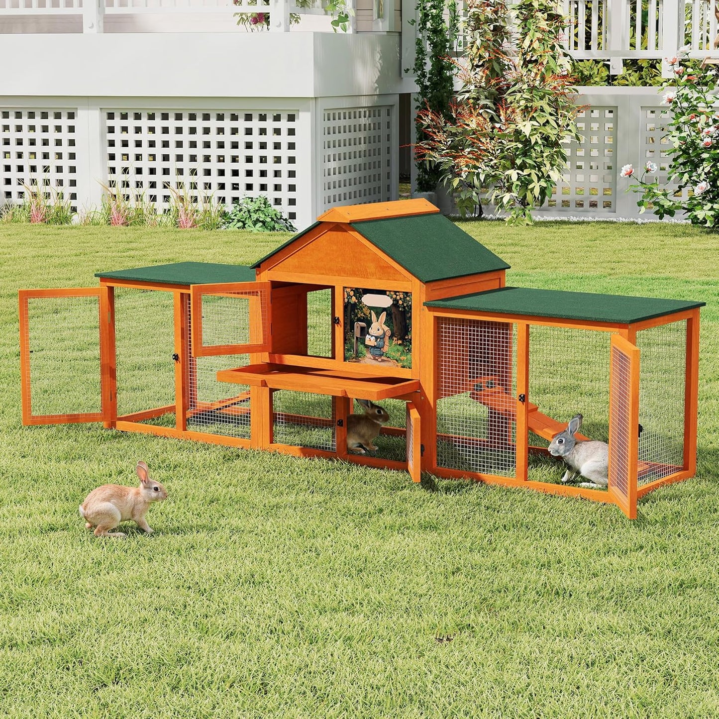 COZIWOW 82” Extra Large Fashion Wooden Outdoor Rabbit Hutch Bunny Cage Indoor Easy to Assemble and Durable with Cleaning Tray & Waterproof Roof for Small & Medium Bunny Rabbit Duck Chick (Orange)