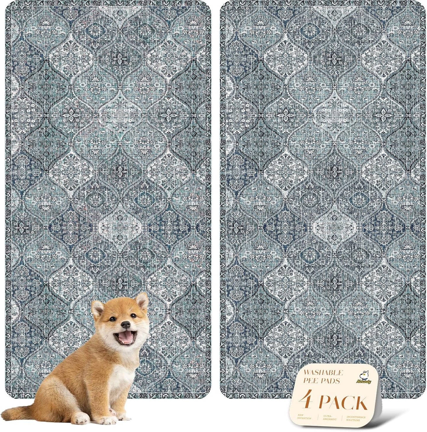 nunubaby 4PACK Washable Pee Pads for Dogs, Stylish, Non-Slip and Leak-Proof Pee Pads. Reusable Potty Pads for Dogs for Crates and Floors.(Blue/Multi, 24" x48" )